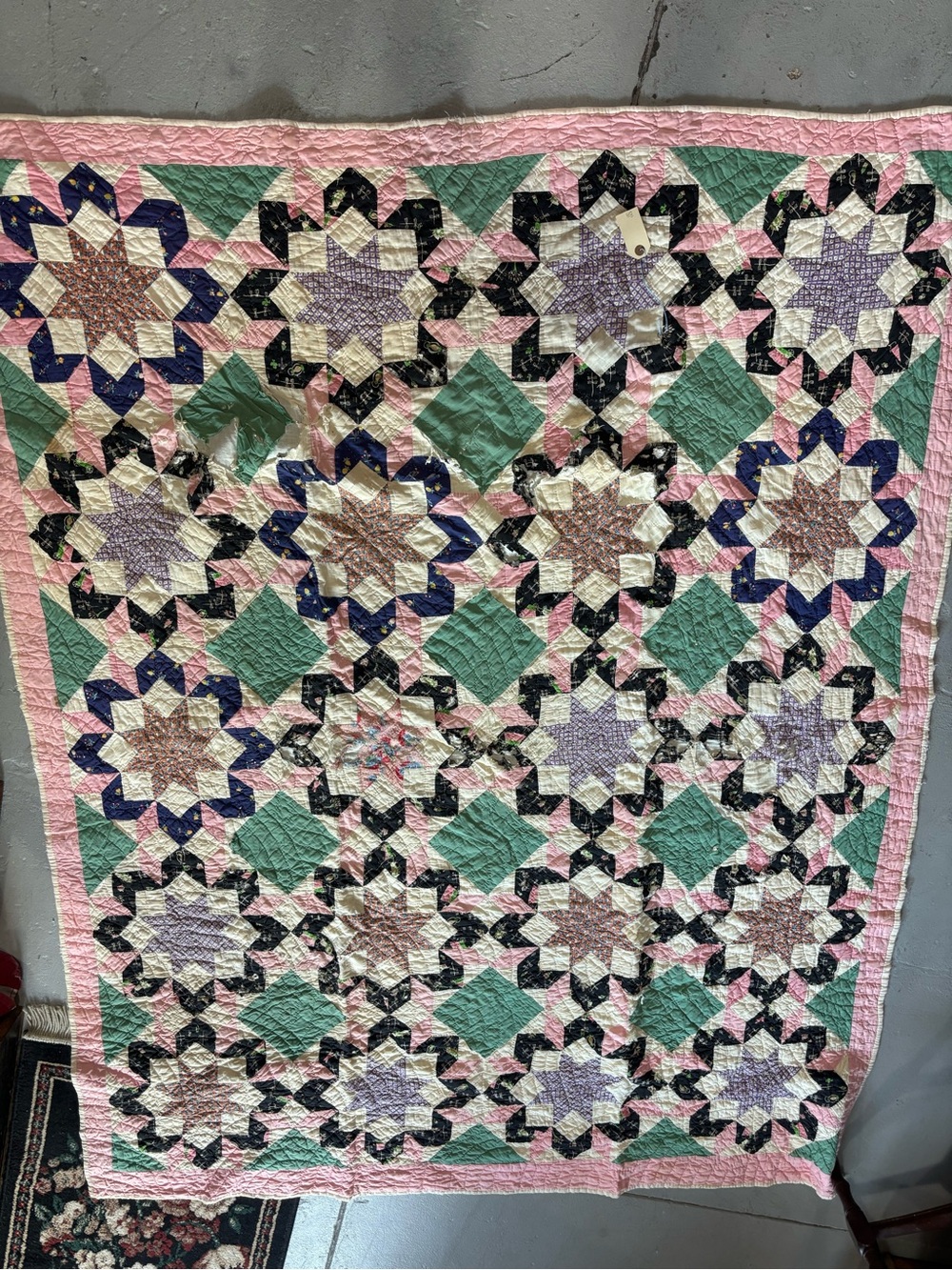 Handmade Pink, Green & Cream Star Patchwork Quilt